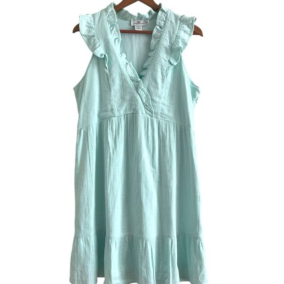 Vineyard Vines Double Gauze Tiered Ruffle Mini Dress M Teal Preppy Beach Coastal